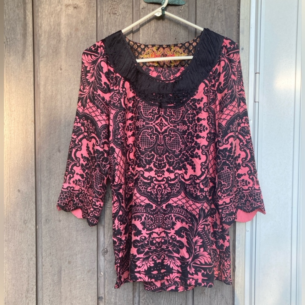 Boho ROBERT GRAHAM Top Silk Blouse Paisley Black Pink 3/4 Sleeves Size Medium